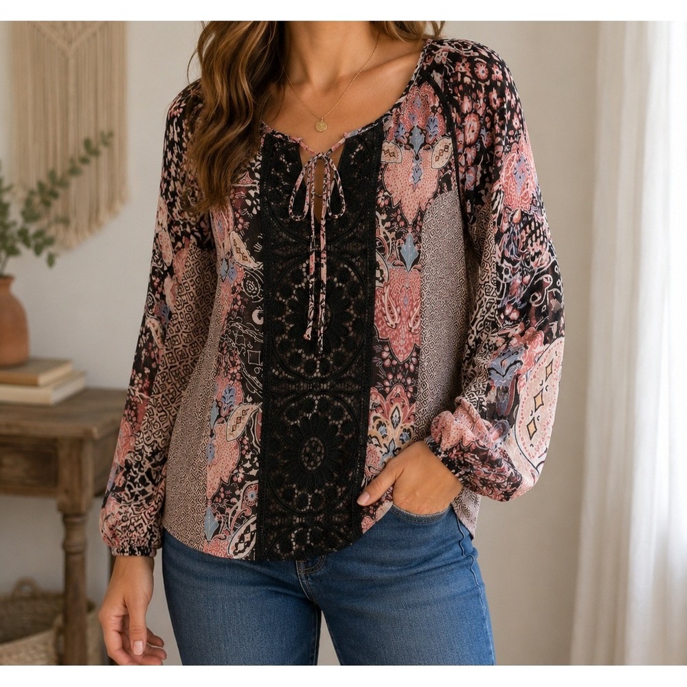 Cynthia Rowley Boho Floral Lace Blouse Large
